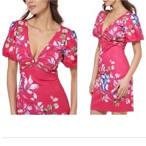 GUESS Floral Puff Sleeve Sheath Dress, Fuchsia Pink, size 14